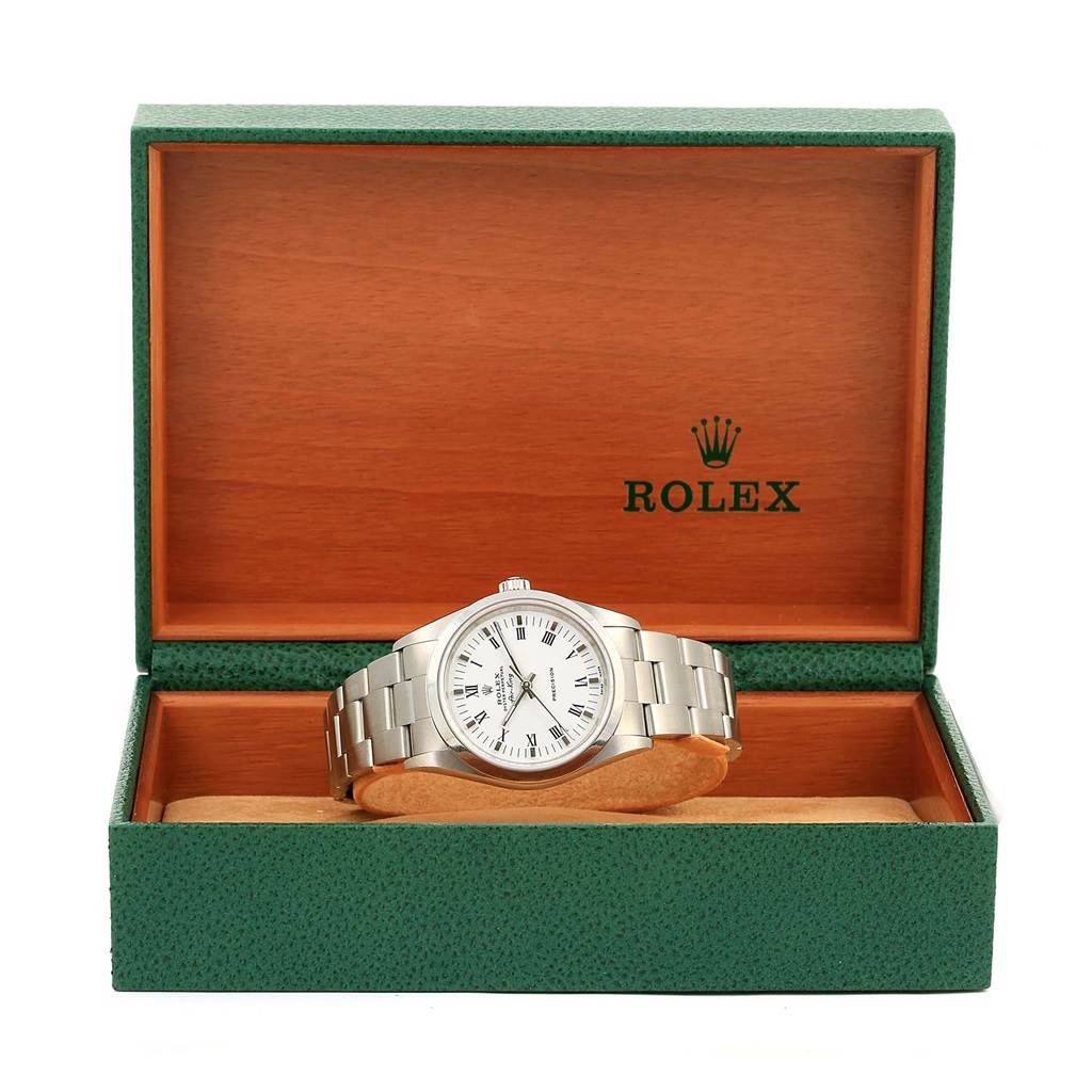 The image shows a Rolex Air-King 14000 Men's Stainless Steel White Dial 14000 Men's Stainless Steel White Dial watch displayed in an open green and wood-tone box from a front angle.