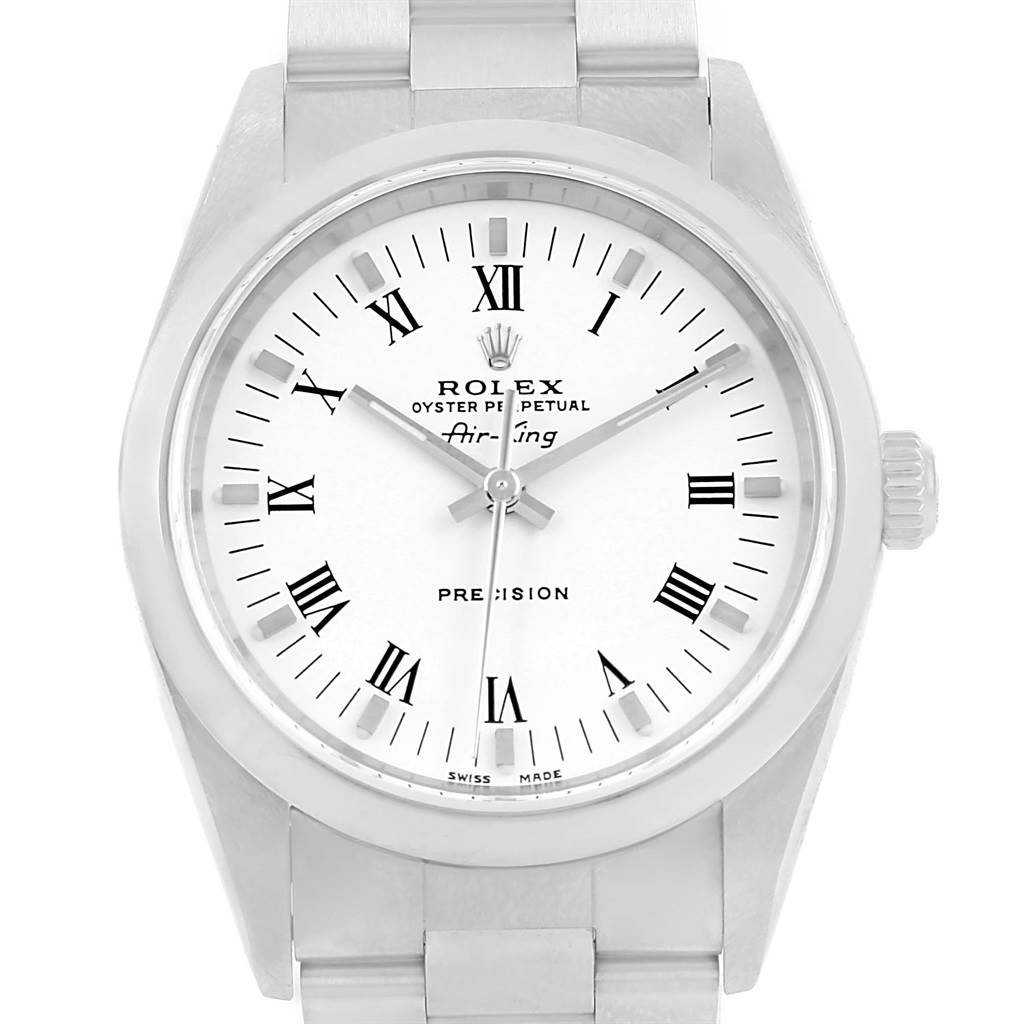 The image shows a Rolex Air-King 14000 Men's Stainless Steel White Dial 14000 Men's Stainless Steel White Dial watch from a front angle, highlighting the dial, hands, case, and part of the bracelet.
