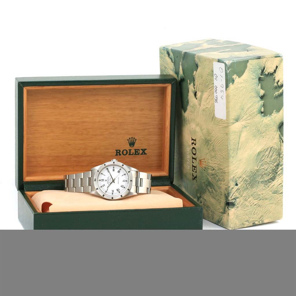 The image shows a Rolex Air-King 14010 Men's Stainless Steel White Dial 14010 Men's Stainless Steel White Dial watch in its original box, pictured from the front with the box lid open.