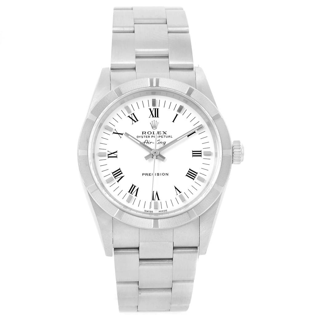 The image displays a front view of a Rolex Air-King 14010 Men's Stainless Steel White Dial 14010 Men's Stainless Steel White Dial watch, showing the dial, bezel, and bracelet.
