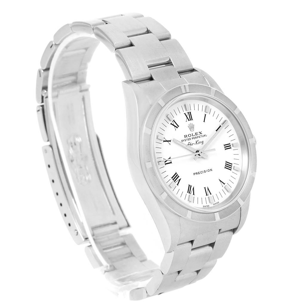 The Rolex Air-King 14010 Men's Stainless Steel White Dial 14010 Men's Stainless Steel White Dial watch is shown at an angled side view, displaying the full bracelet and the watch face with Roman numeral markers.
