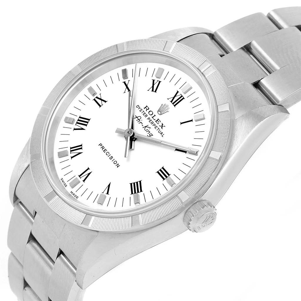 The image shows the front and side angle of a Rolex Air-King 14010 Men's Stainless Steel White Dial 14010 Men's Stainless Steel White Dial watch, displaying the dial, bezel, bracelet, and crown.