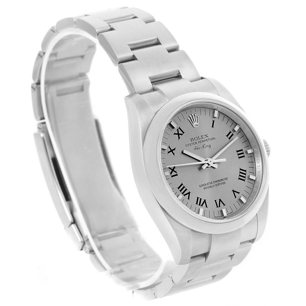 The image shows a Rolex Air-King 114200 Men's Stainless Steel Grey Dial 114200 Men's Stainless Steel Grey Dial watch at an angled close-up, highlighting its face, bezel, and wristband.