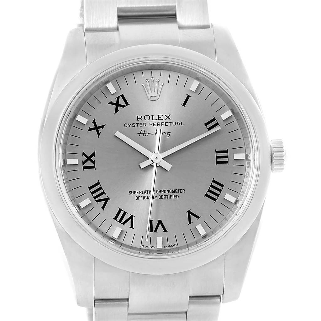 The image shows a front view of a Rolex Air-King 114200 Men's Stainless Steel Grey Dial 114200 Men's Stainless Steel Grey Dial watch, highlighting the dial, hands, and part of the bracelet.