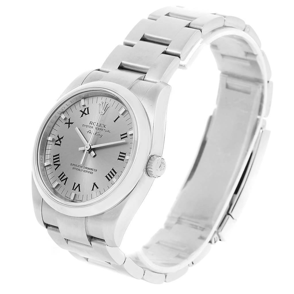 The Rolex Air-King 114200 Men's Stainless Steel Grey Dial 114200 Men's Stainless Steel Grey Dial watch is shown from a three-quarter angle, displaying its face, crown, and bracelet.