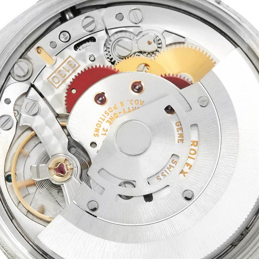 Close-up of the Rolex Air-King 114200 Men's Stainless Steel Grey Dial 114200 Men's Stainless Steel Grey Dial model's internal mechanism, showing gears and components.