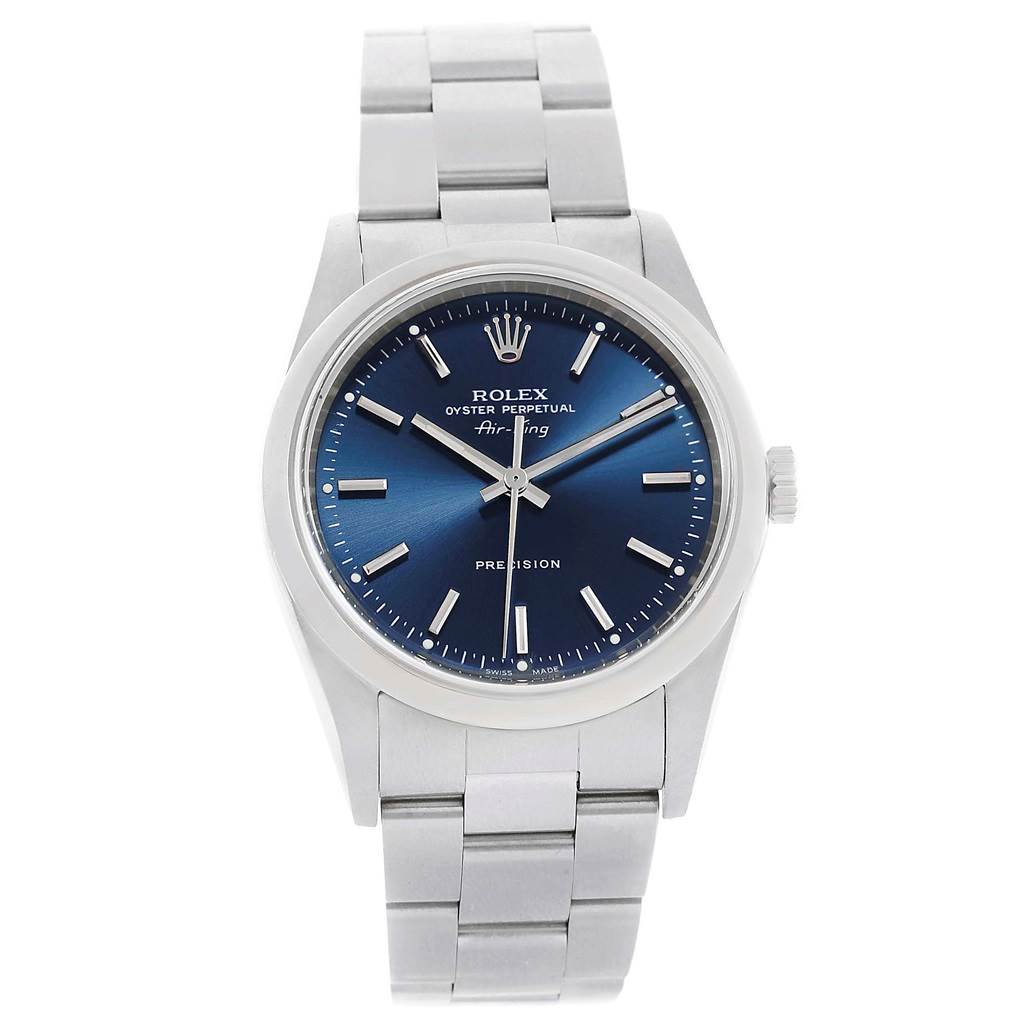 The Rolex Air-King 14000 Men's Stainless Steel Blue Dial 14000 Men's Stainless Steel Blue Dial is viewed from a front angle, showing its blue dial, watch face, crown, and stainless steel bracelet.