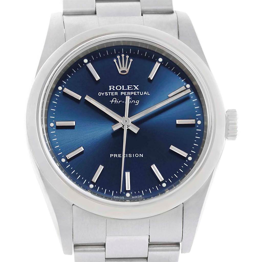 This is a head-on view of a Rolex Air-King 14000 Men's Stainless Steel Blue Dial 14000 Men's Stainless Steel Blue Dial watch, showing the dial, markers, crown, and part of the bracelet.