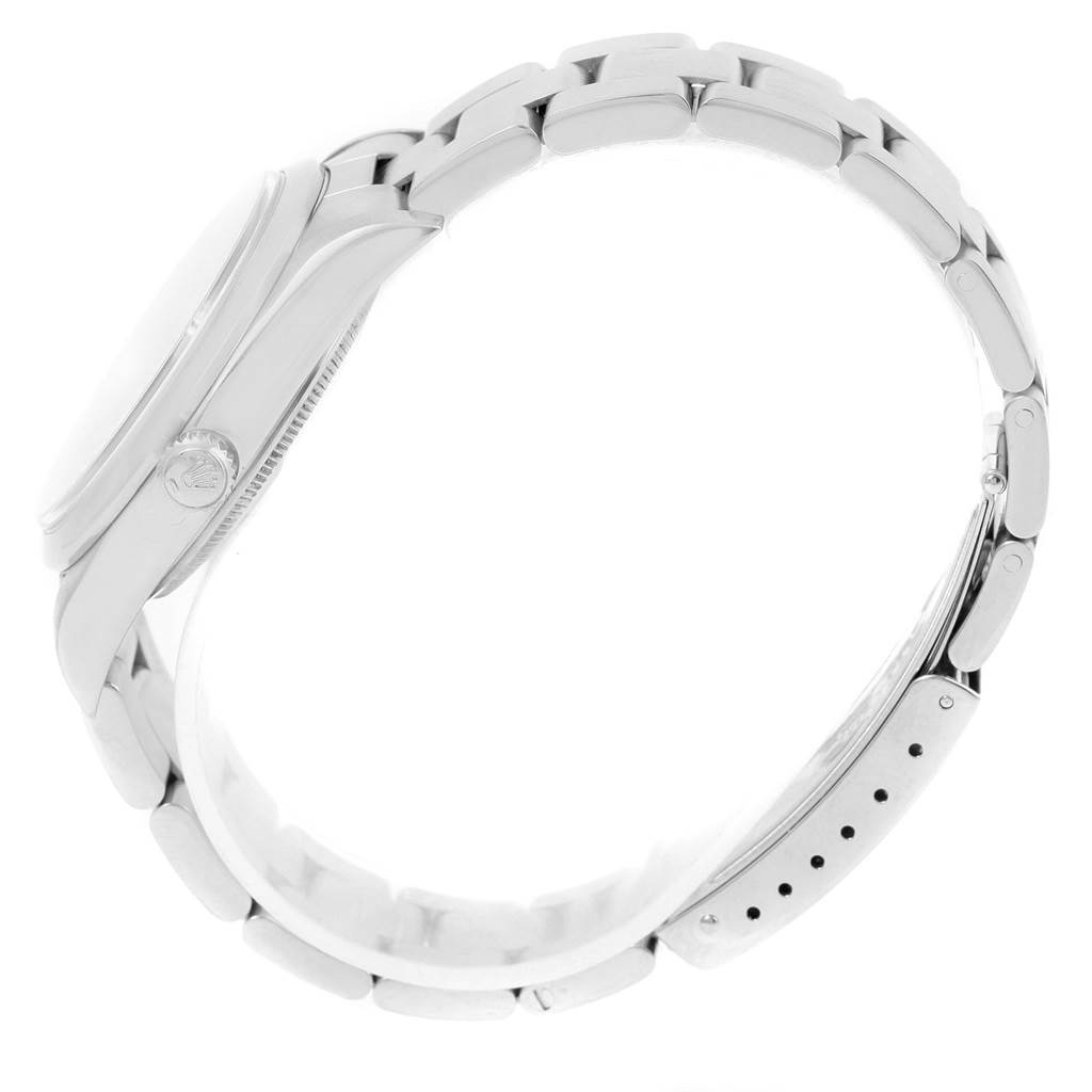 The image shows a Rolex Air-King 14000 Men's Stainless Steel Blue Dial 14000 Men's Stainless Steel Blue Dial watch in a side profile, focusing on the watch case and metal bracelet.