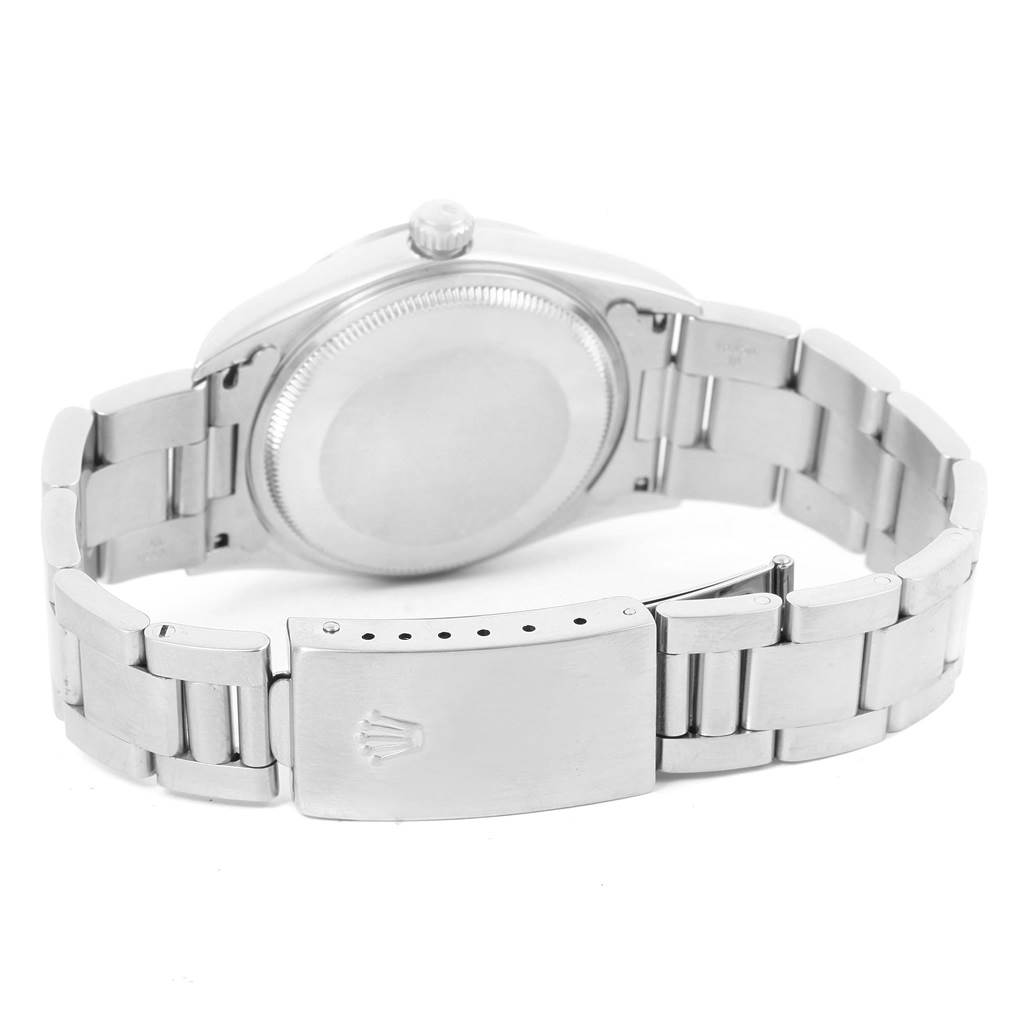 This image shows the back and clasp of a Rolex Air-King 14000 Men's Stainless Steel Blue Dial 14000 Men's Stainless Steel Blue Dial watch, focusing on the bracelet and case back.