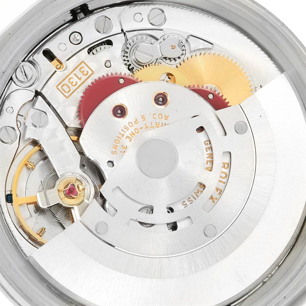 This is a close-up view of the internal movement mechanisms of a Rolex Air-King 14000 Men's Stainless Steel Blue Dial 14000 Men's Stainless Steel Blue Dial watch.