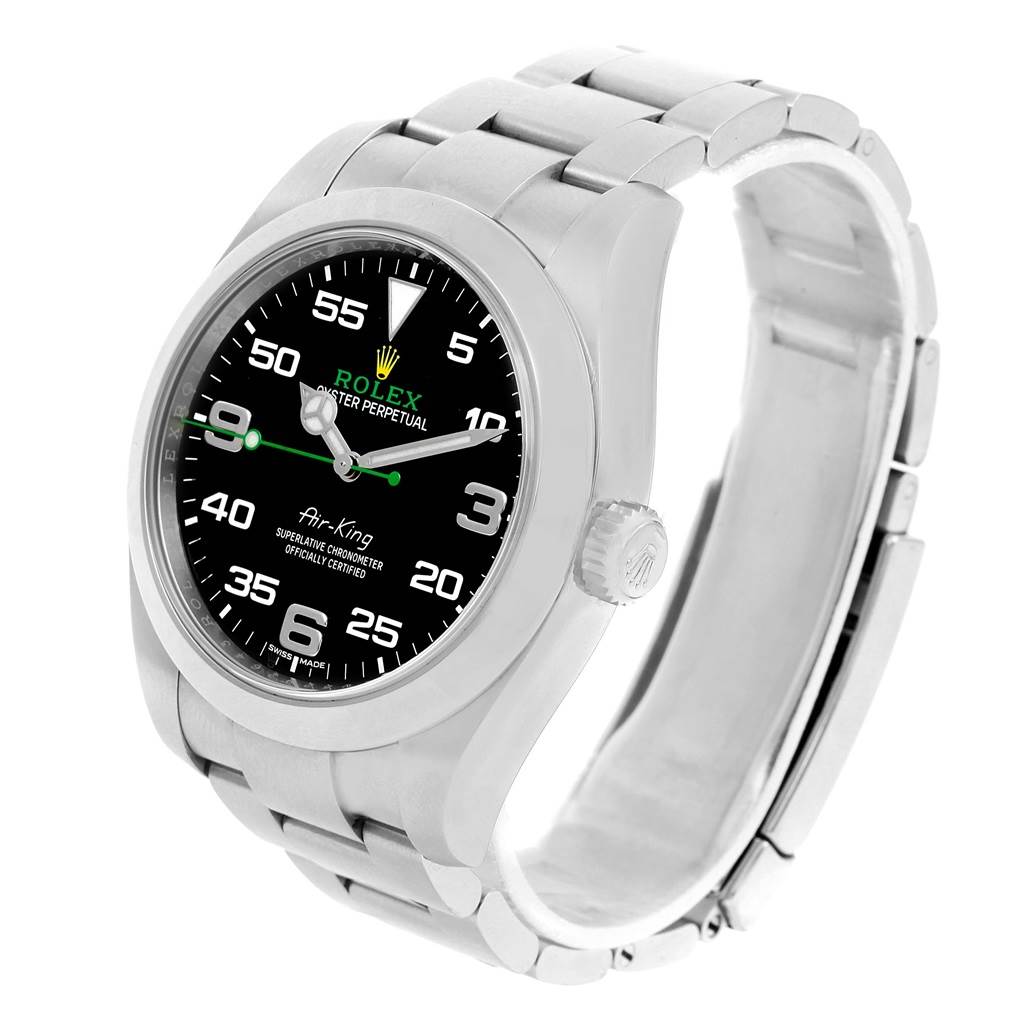 The image shows a Rolex Air-King 116900 Men's Stainless Steel Black Dial 116900 Men's Stainless Steel Black Dial watch at a slight angle, highlighting the face, case, bracelet, and crown.