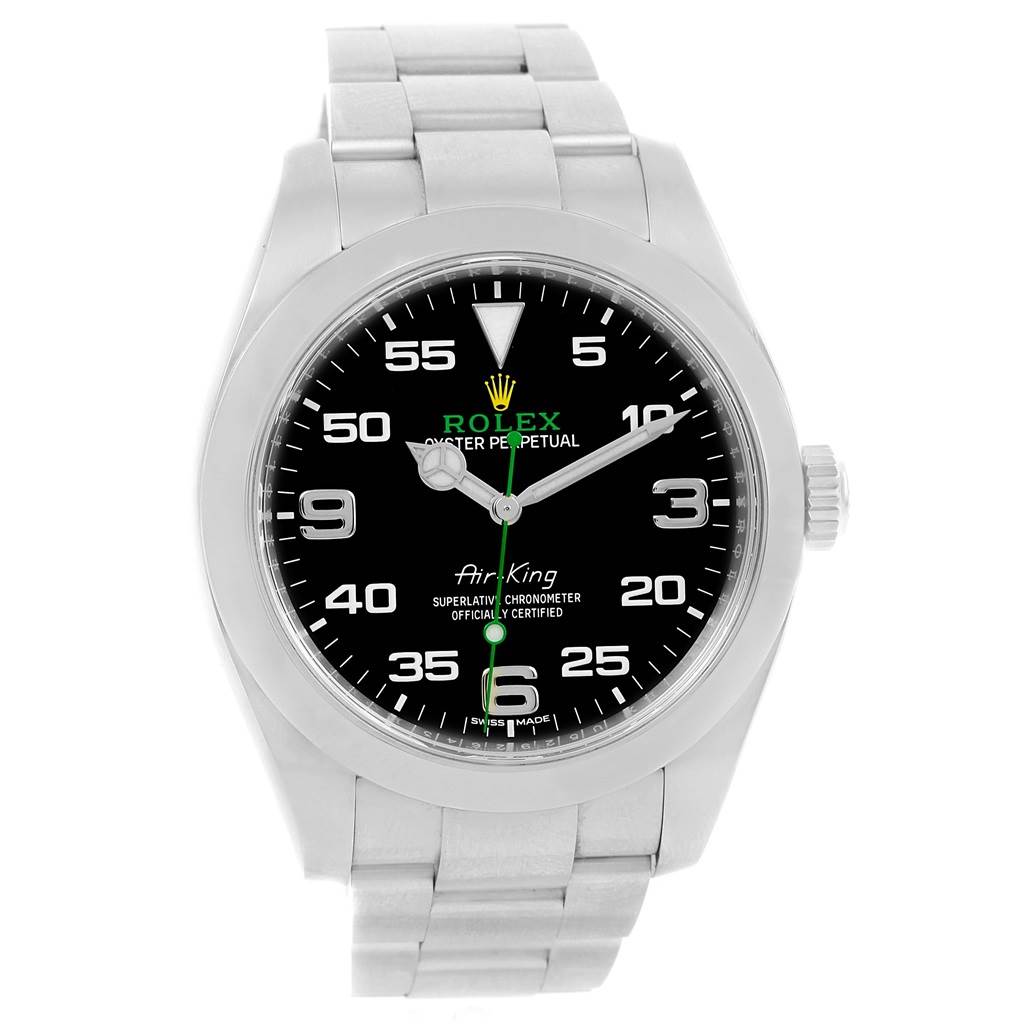 The image shows a front view of the Rolex Air-King 116900 Men's Stainless Steel Black Dial 116900 Men's Stainless Steel Black Dial watch, highlighting its face, dial, and bracelet.