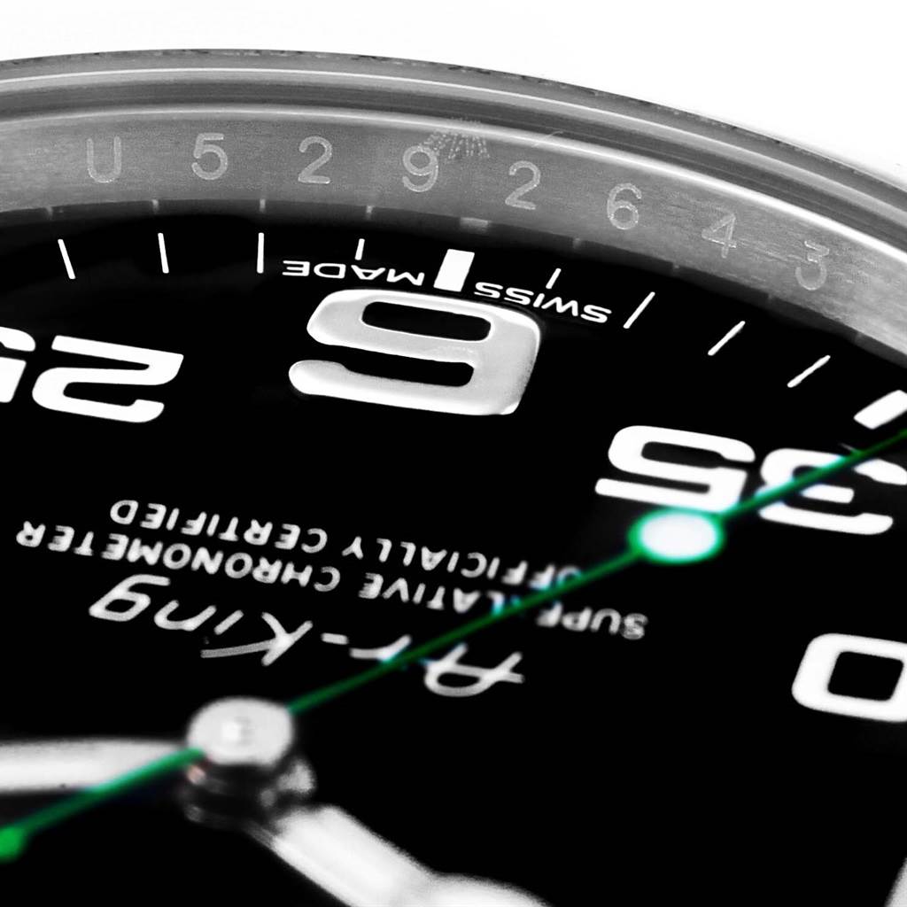 The close-up image of the Rolex Air-King 116900 Men's Stainless Steel Black Dial 116900 Men's Stainless Steel Black Dial watch shows the dial, parts of the minute and seconds hand, numerals, and text details.