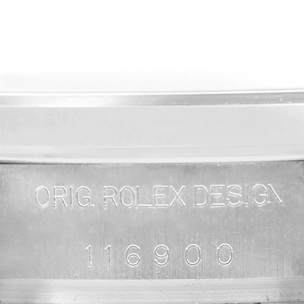 This image shows a close-up of the case back, specifically the engravings, on a Rolex Air-King 116900 Men's Stainless Steel Black Dial 116900 Men's Stainless Steel Black Dial 116900 watch.