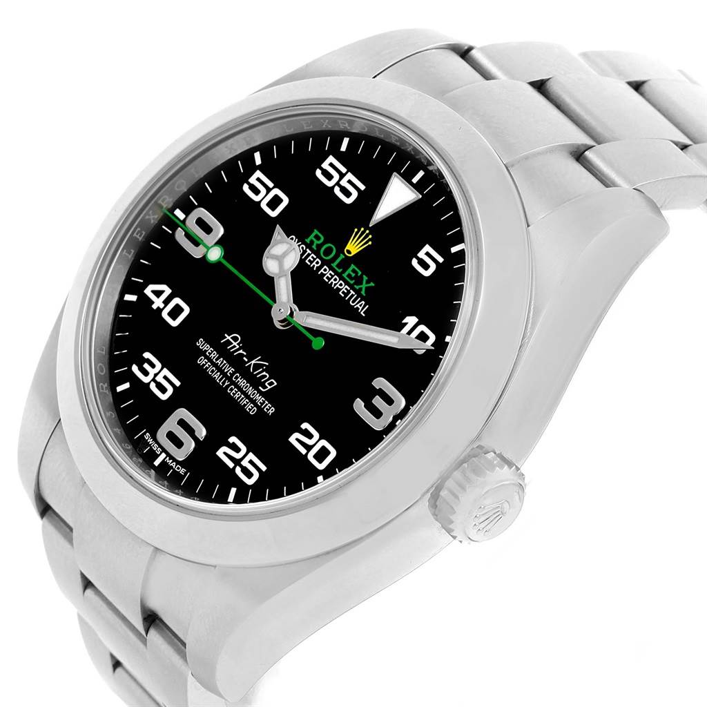 The image shows a Rolex Air-King 116900 Men's Stainless Steel Black Dial 116900 Men's Stainless Steel Black Dial watch angled slightly from the top-right, displaying its face, crown, and stainless steel bracelet.