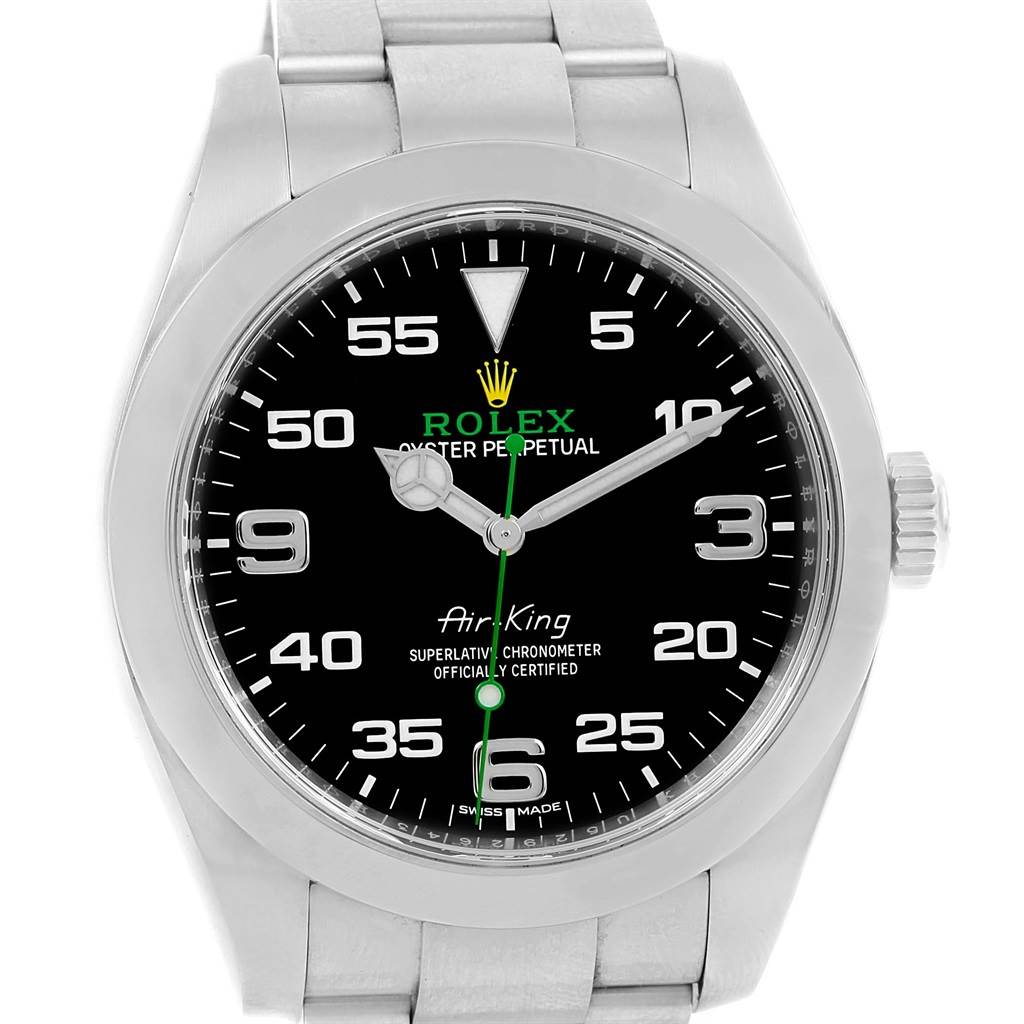 This is a front view of a Rolex Air-King 116900 Men's Stainless Steel Black Dial 116900 Men's Stainless Steel Black Dial watch showcasing the dial, bezel, and part of the bracelet.
