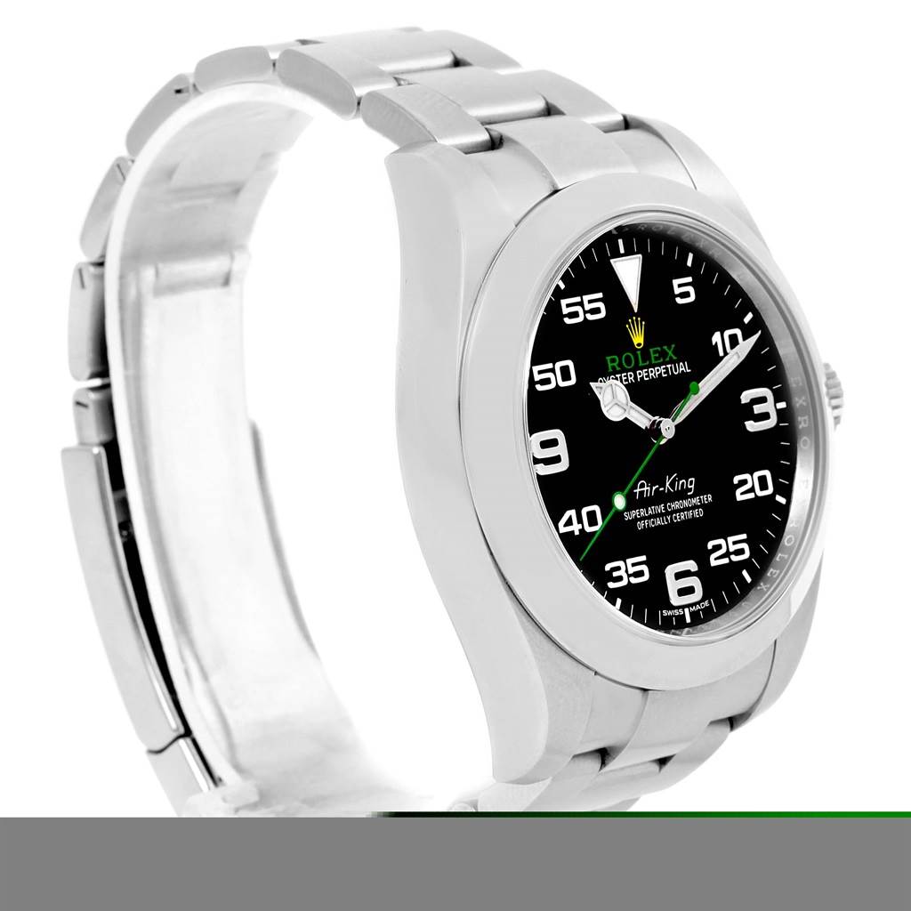 The image shows a side and diagonal view of the Rolex Air-King 116900 Men's Stainless Steel Black Dial 116900 Men's Stainless Steel Black Dial watch, highlighting its band and black dial.
