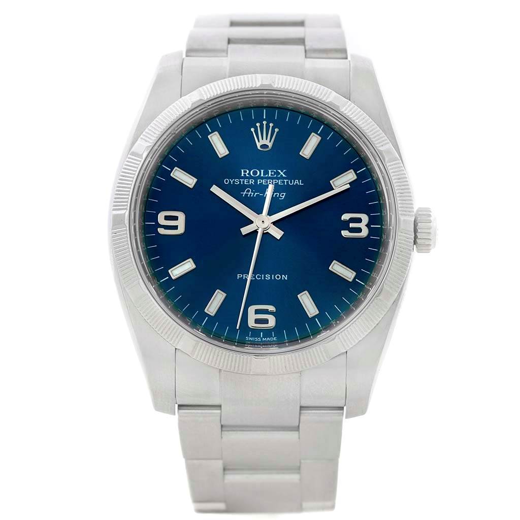 The image shows a Rolex Air-King 114210 Men's Stainless Steel Blue Dial 114210 Men's Stainless Steel Blue Dial watch from a front angle, showcasing the dial, bezel, case, crown, and bracelet.