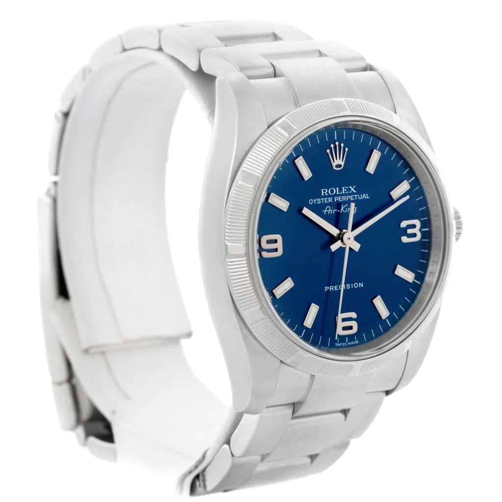 The Rolex Air-King 114210 Men's Stainless Steel Blue Dial 114210 Men's Stainless Steel Blue Dial watch is shown at a three-quarter angle, highlighting the stainless steel case, bracelet, and blue dial.
