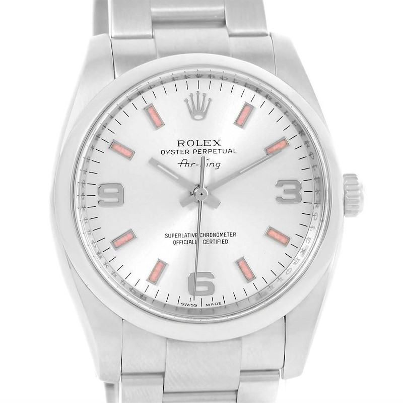Rolex Air King Silver Dial Pink Baton Hour Markers Watch 114200 Box Papers SwissWatchExpo