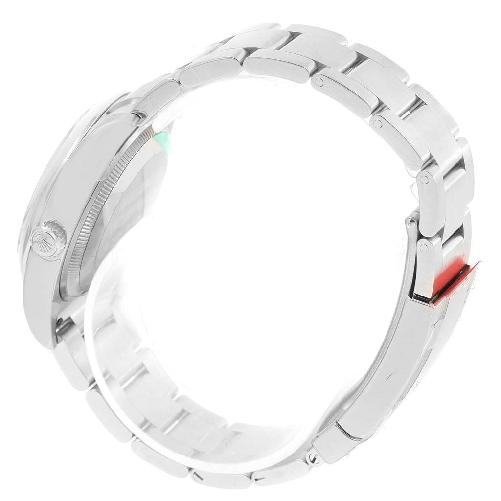 This image shows the side view of the Rolex Air-King 114200 Men's Stainless Steel Silver Dial 114200 Men's Stainless Steel Silver Dial watch, focusing on the bracelet, case, and clasp.