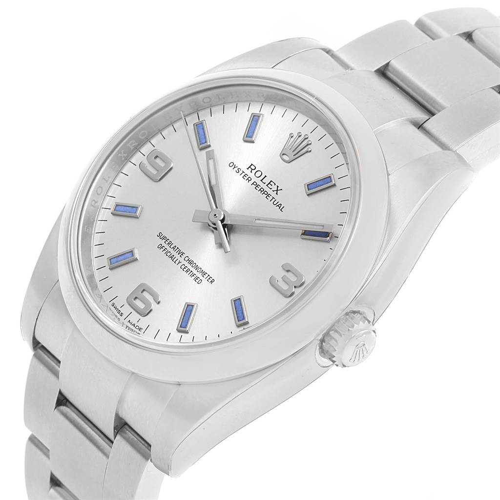 This image shows a Rolex Air-King 114200 Men's Stainless Steel Silver Dial 114200 Men's Stainless Steel Silver Dial watch at an angled view, highlighting the face, crown, and bracelet.