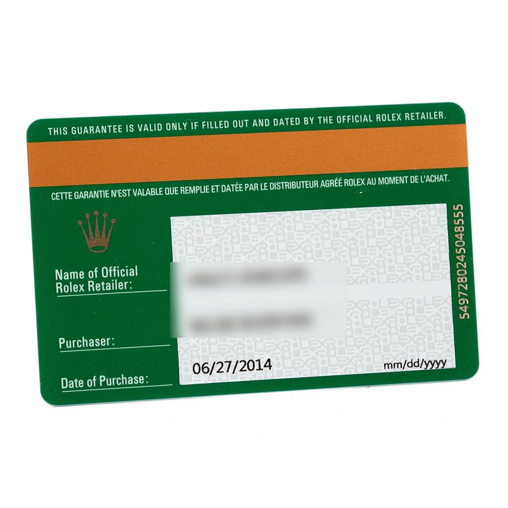 The image shows a warranty card for the Rolex Air-King 114200 Men's Stainless Steel Silver Dial 114200 Men's Stainless Steel Silver Dial model, detailing the purchase date and official retailer information.