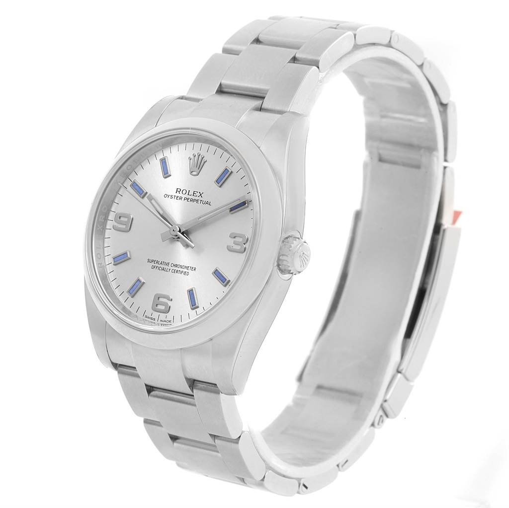 The image shows a Rolex Air-King 114200 Men's Stainless Steel Silver Dial 114200 Men's Stainless Steel Silver Dial watch at a slight angle from the front, showcasing the dial, bezel, crown, and stainless steel bracelet.