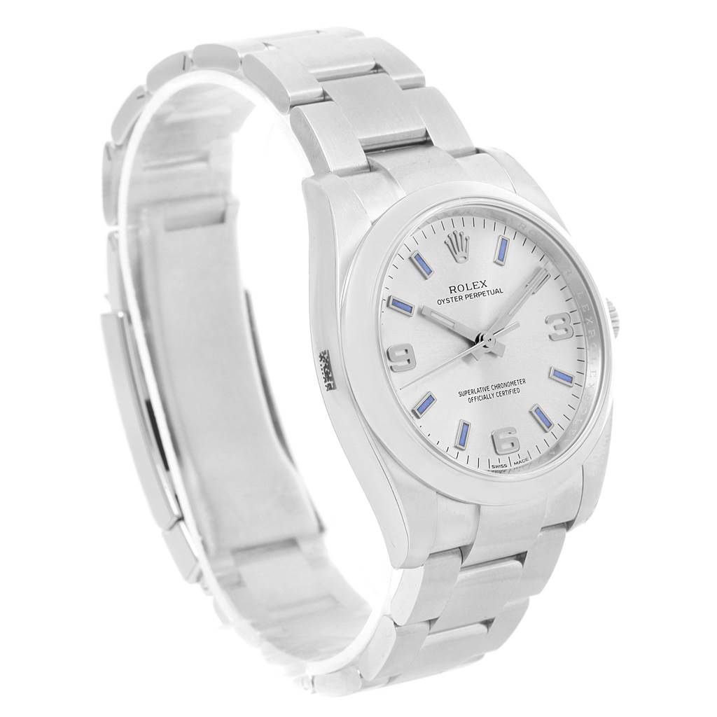 The image shows a Rolex Air-King 114200 Men's Stainless Steel Silver Dial 114200 Men's Stainless Steel Silver Dial watch at a slight side angle, displaying its dial, bracelet, and clasp.