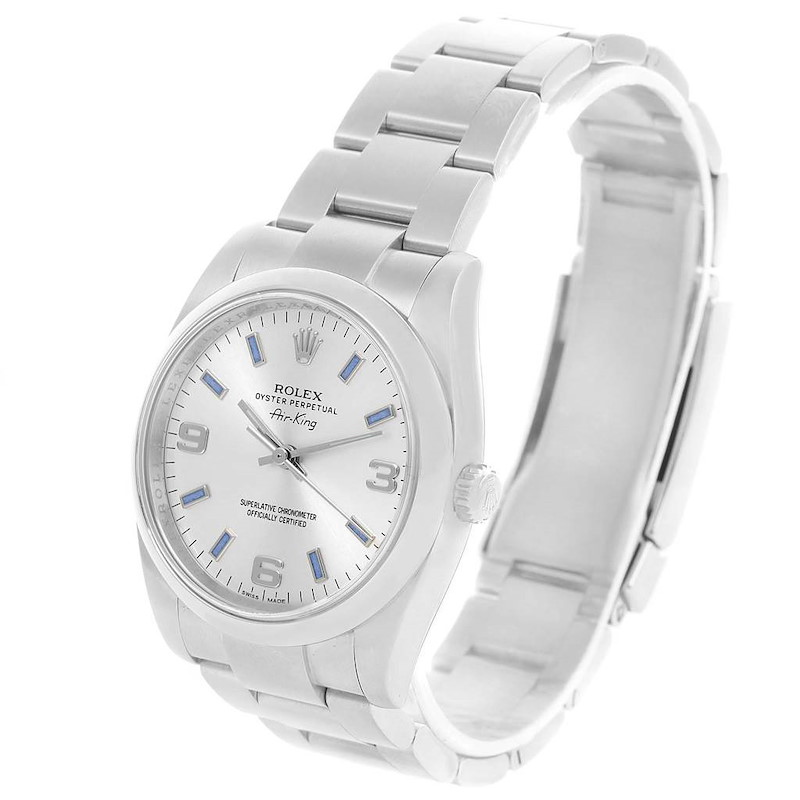 Rolex Air King Silver Dial Blue Baton Markers Steel Watch 114200 SwissWatchExpo