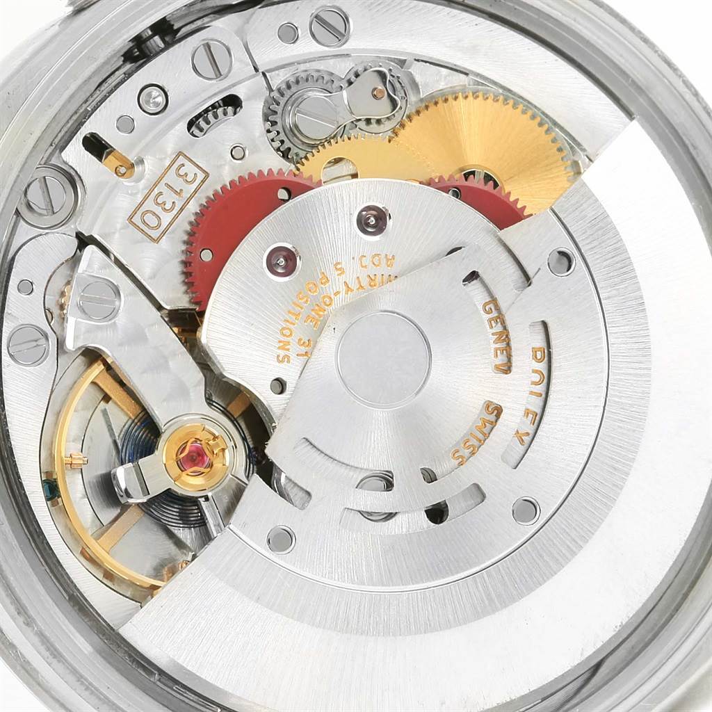 This image shows a close-up view of the internal movement mechanism of the Rolex Air-King 114200 Men's Stainless Steel Silver Dial 114200 Men's Stainless Steel Silver Dial watch.