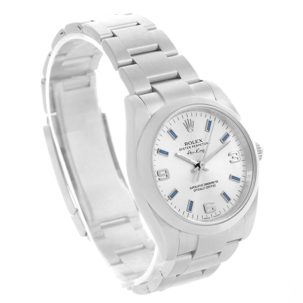 The image shows a Rolex Air-King 114200 Men's Stainless Steel Silver Dial 114200 Men's Stainless Steel Silver Dial watch from an angled front-left view, highlighting the dial, bezel, and strap.