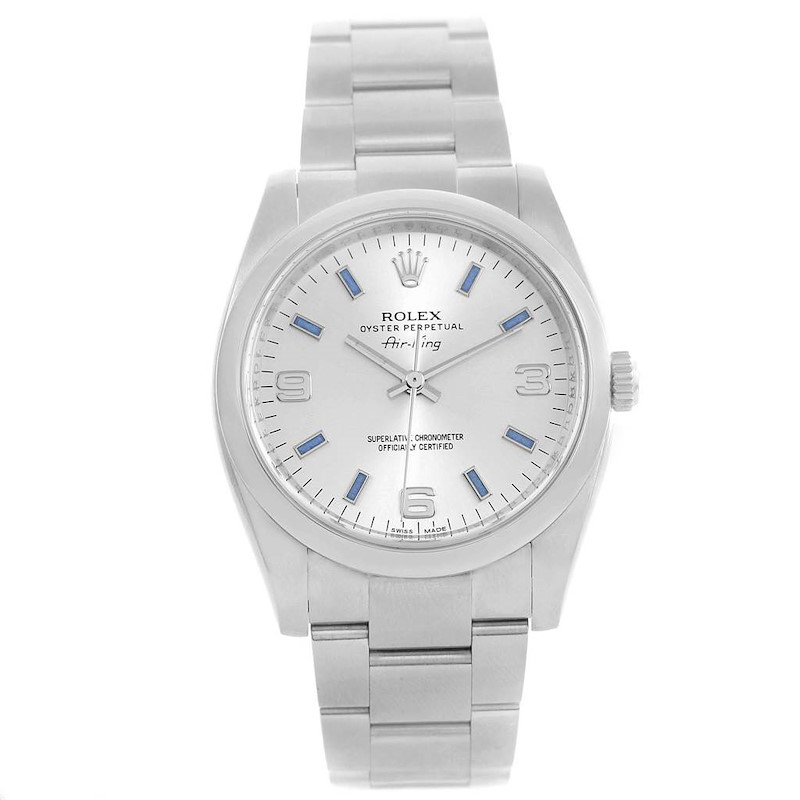 Rolex Air King Silver Dial Blue Baton Markers Steel Watch 114200 SwissWatchExpo
