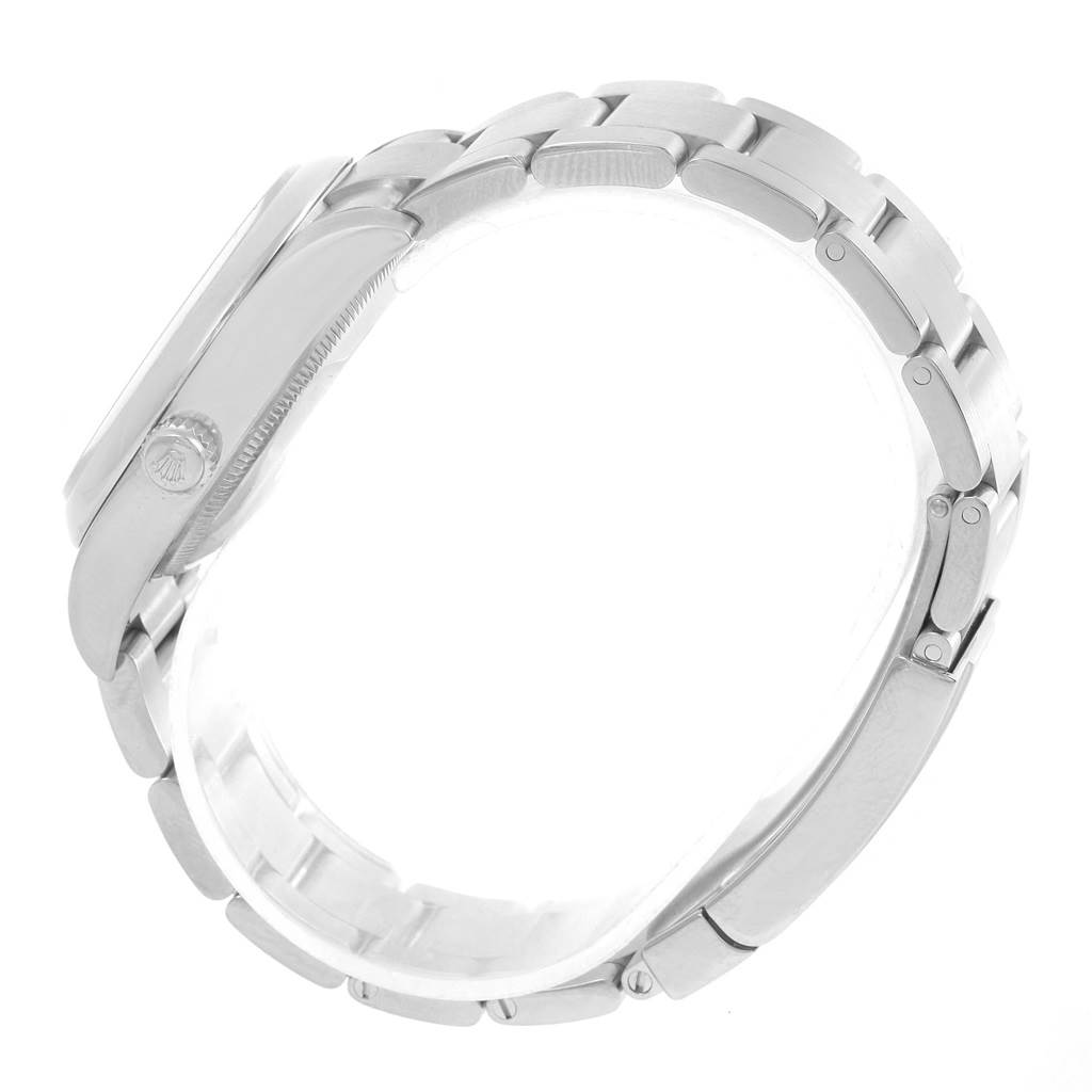 The image shows a side view of the Rolex Air-King 114200 Men's Stainless Steel Silver Dial 114200 Men's Stainless Steel Silver Dial watch, highlighting the bracelet and clasp.