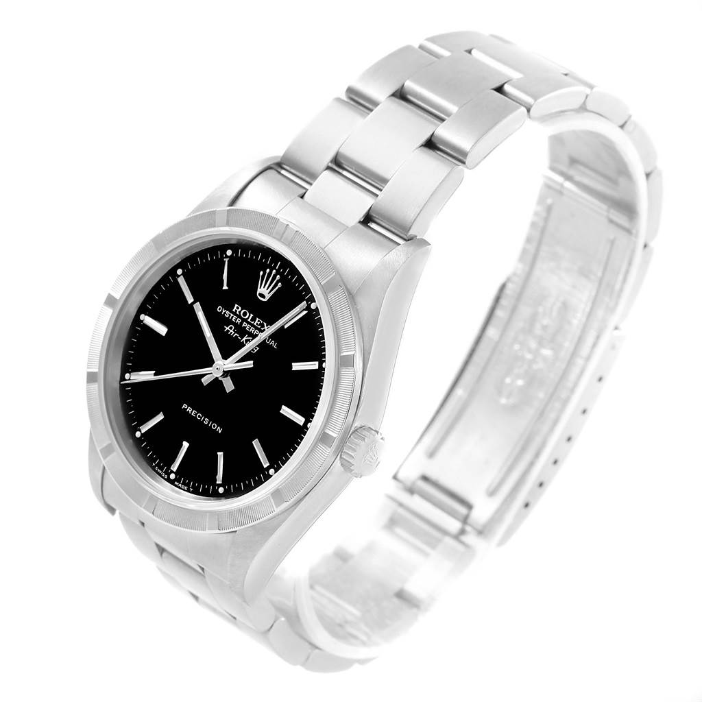 The Rolex Air-King 14010 Men's Stainless Steel Black Dial 14010 Men's Stainless Steel Black Dial watch is shown at a three-quarter angled view, displaying the dial, bezel, crown, and bracelet.