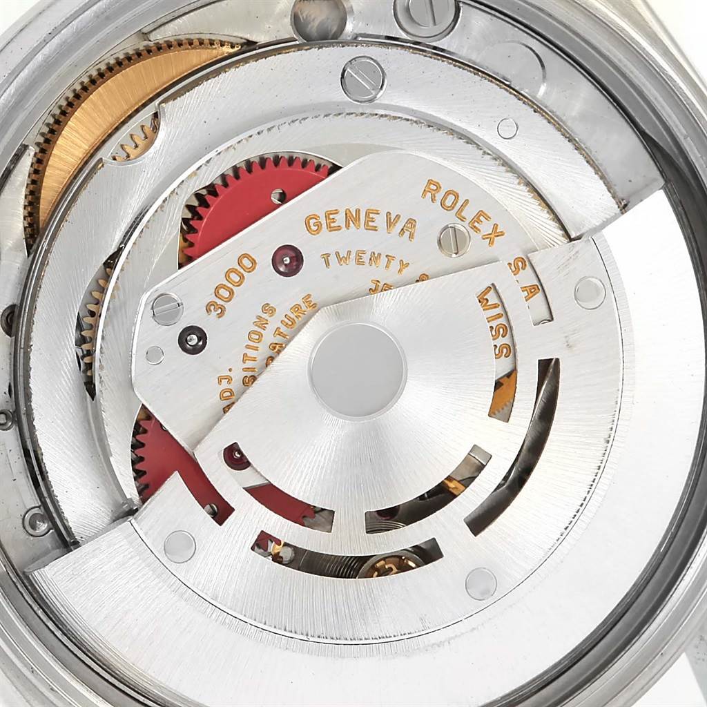 This is a close-up view of the internal movement mechanism of a Rolex Air-King 14000 Men's Stainless Steel Black Dial 14000 Men's Stainless Steel Black Dial watch.