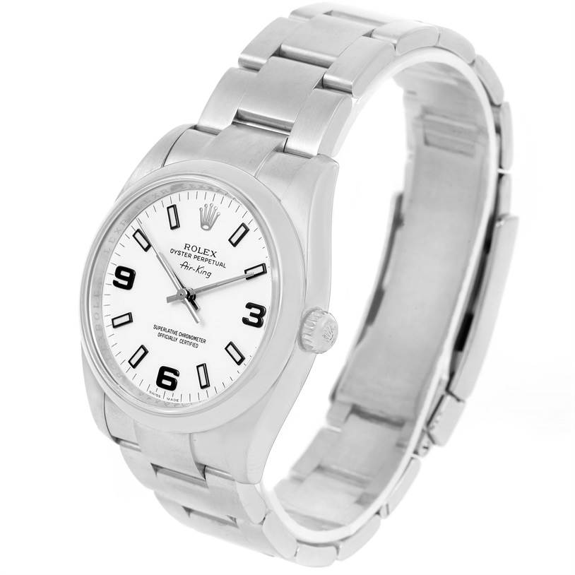The image shows a Rolex Air-King 114200 Men's Stainless Steel White Dial 114200 Men's Stainless Steel White Dial watch angled from above, displaying the face, bezel, crown, and bracelet.