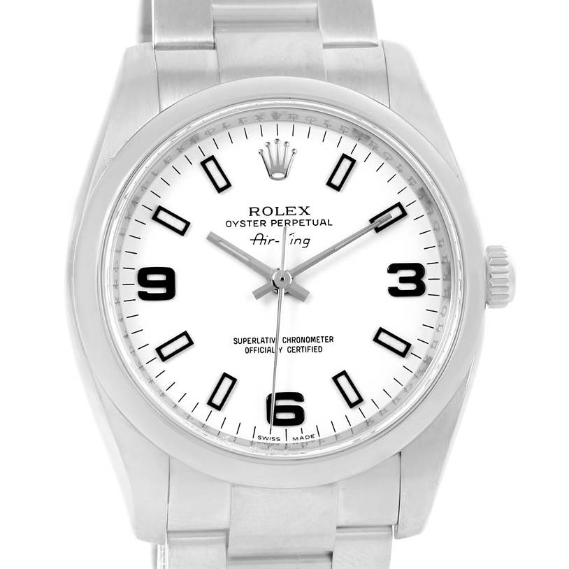 The image shows a front view of the Rolex Air-King 114200 Men's Stainless Steel White Dial 114200 Men's Stainless Steel White Dial watch, including the dial, hands, crown, and part of the bracelet.