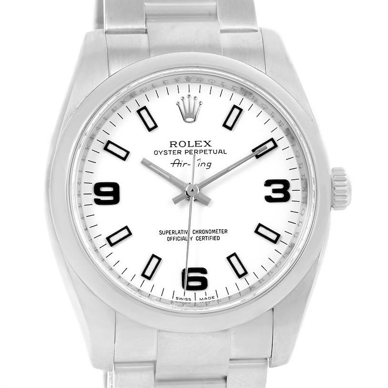 The image shows a front view of the Rolex Air-King watch, including the dial, hands, crown, and part of the bracelet.