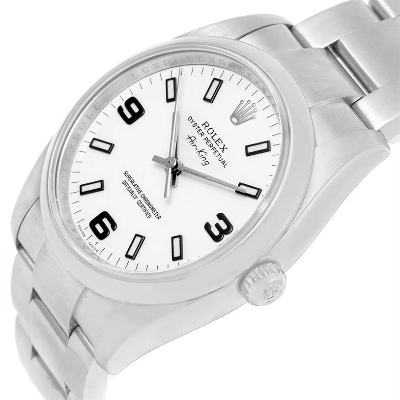The Rolex Air-King 114200 Men's Stainless Steel White Dial 114200 Men's Stainless Steel White Dial watch is shown at an oblique angle, highlighting its face, bezel, and part of the bracelet.