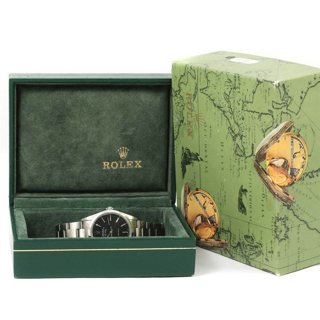 The image shows a Rolex Air-King 14000 Men's Stainless Steel Black Dial 14000 Men's Stainless Steel Black Dial watch in its open green box alongside its outer packaging.