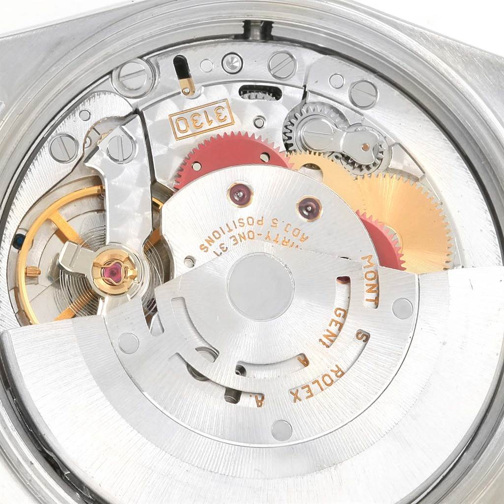 This image shows the intricate internal mechanics of a Rolex Air-King 14000 Men's Stainless Steel Black Dial 14000 Men's Stainless Steel Black Dial watch from an overhead angle.