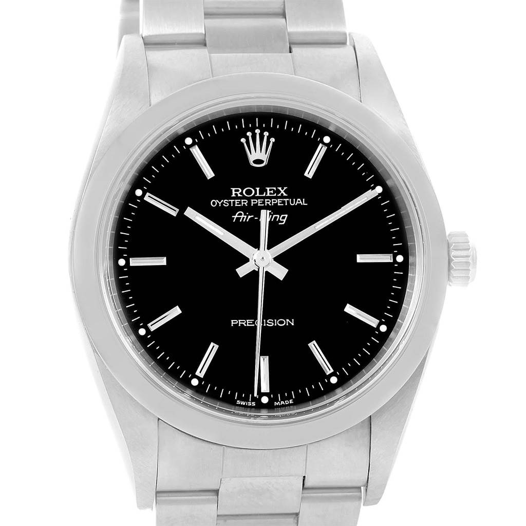 The image shows a front view of a Rolex Air-King 14000 Men's Stainless Steel Black Dial 14000 Men's Stainless Steel Black Dial watch, highlighting its black dial, silver markers, and stainless steel bracelet.