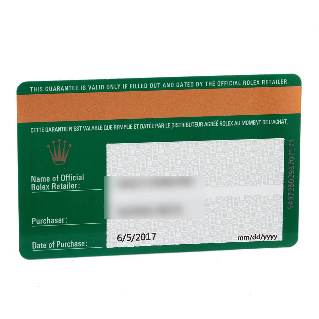 This image shows a guarantee card for the Rolex Air-King 114200 Men's Stainless Steel Blue Dial 114200 Men's Stainless Steel Blue Dial model.