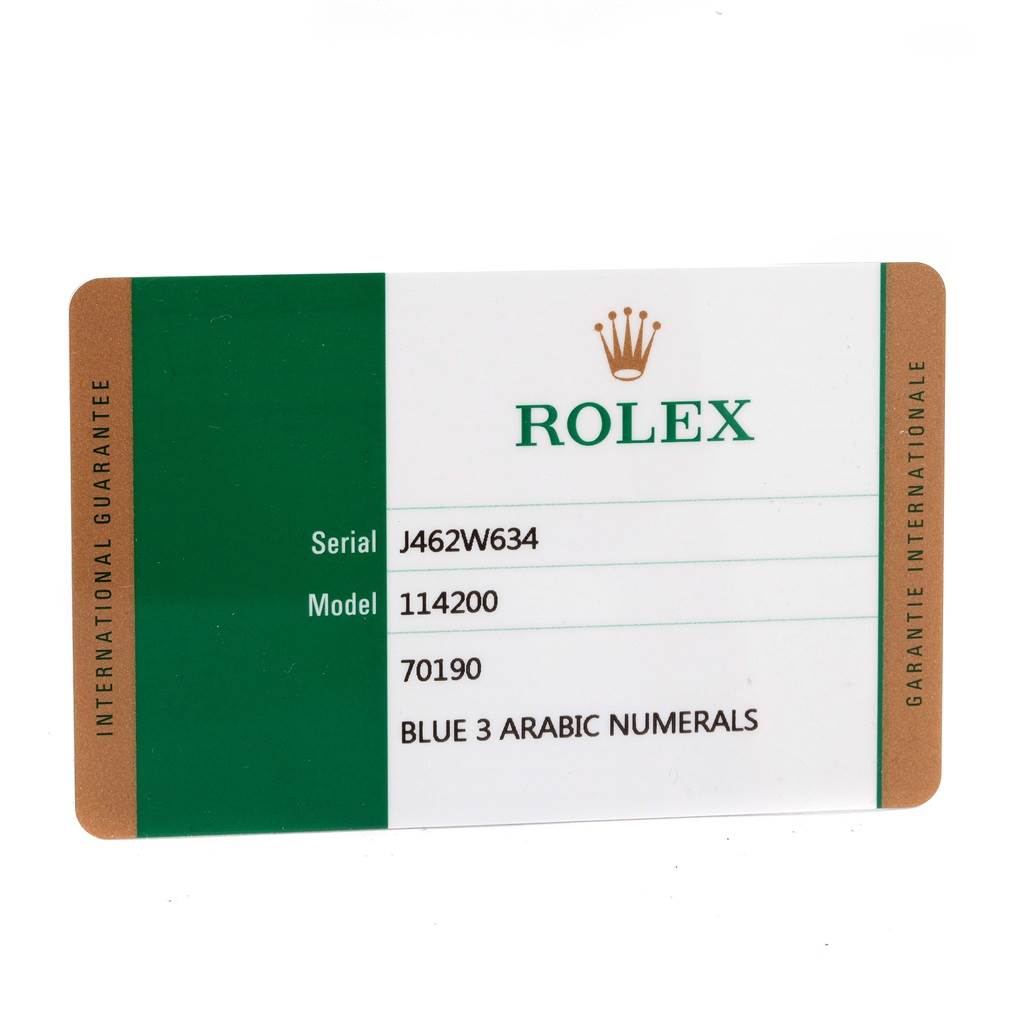 This image is of a Rolex guarantee card, showing the serial and model numbers for the Air-King model 114200.