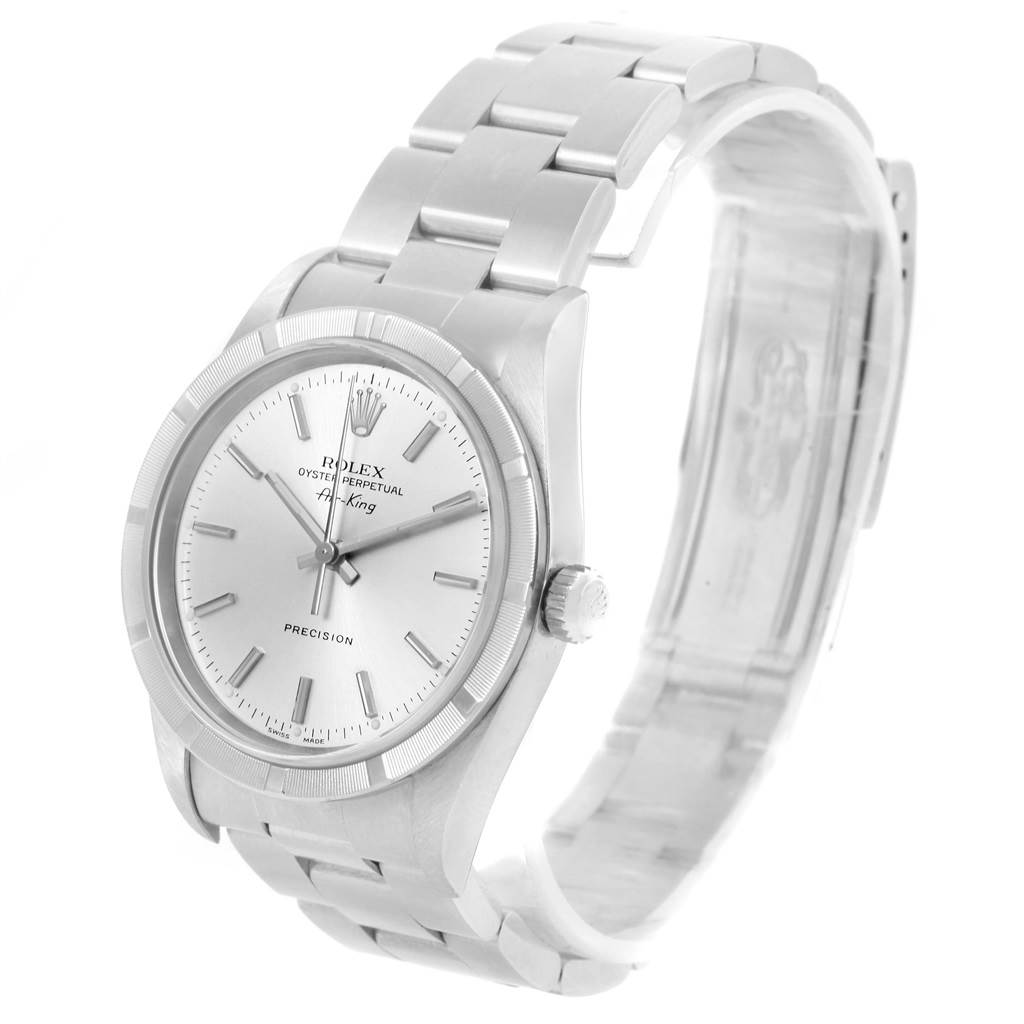 The image shows a Rolex Air-King 14010 Men's Stainless Steel Silver Dial 14010 Men's Stainless Steel Silver Dial watch at a three-quarter angle, highlighting the dial, crown, and bracelet.