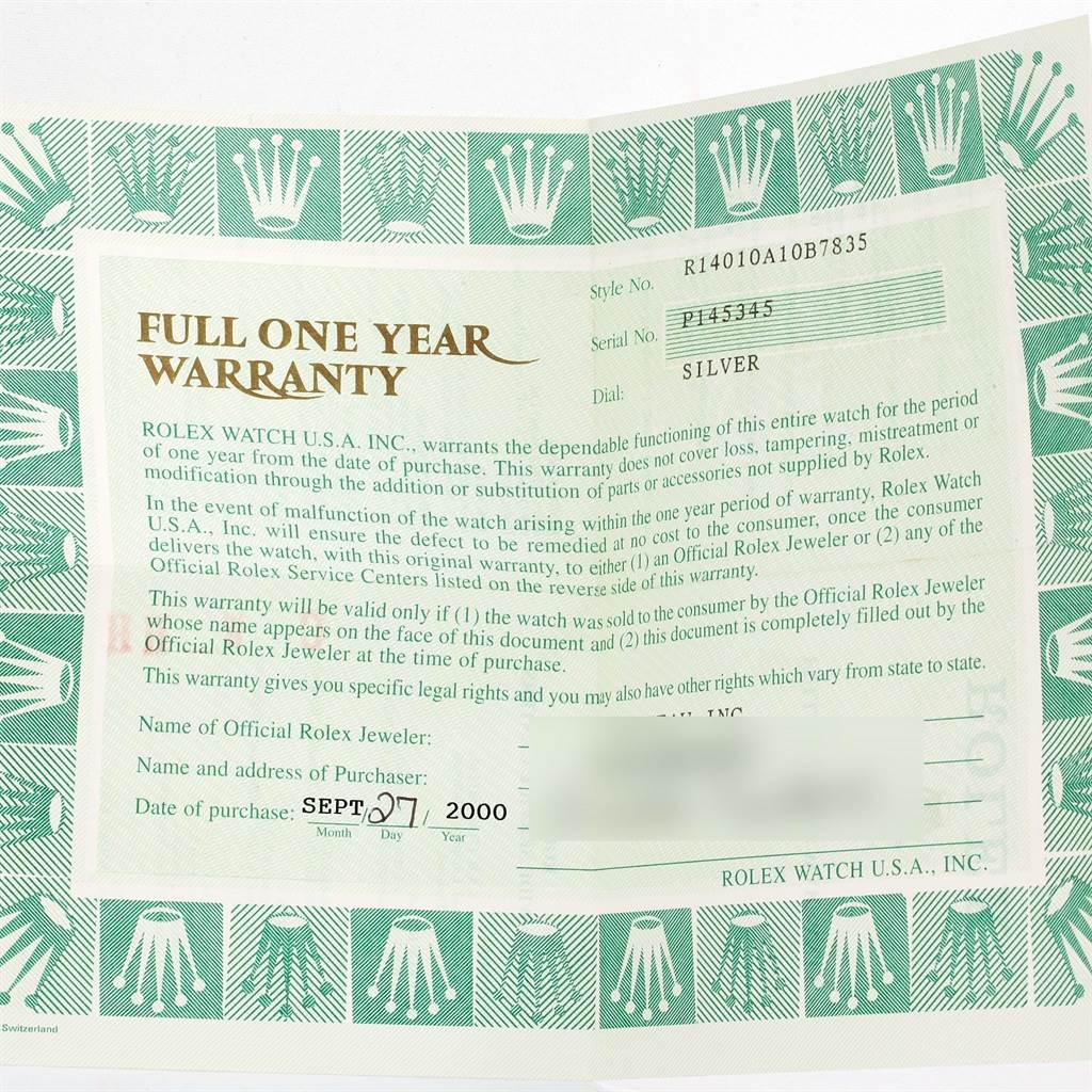 The image shows a warranty card for the Rolex Air-King 14010 Men's Stainless Steel Silver Dial 14010 Men's Stainless Steel Silver Dial model, detailing purchase and warranty information.