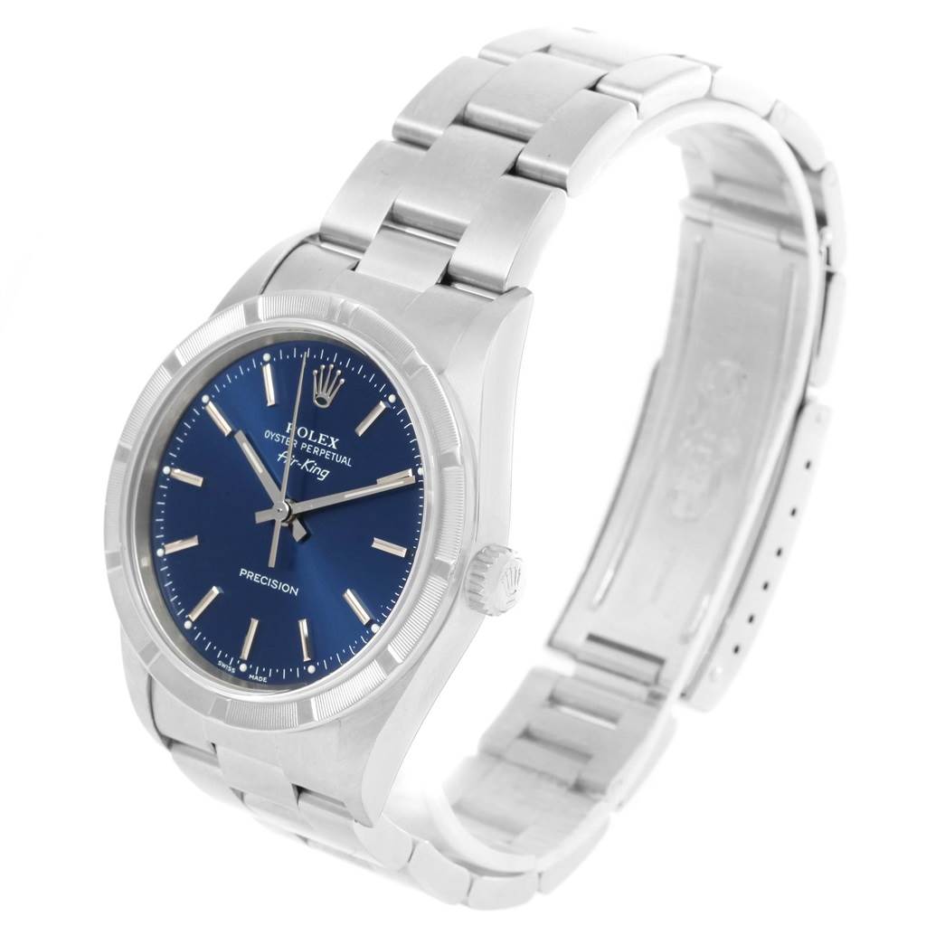 The image shows a Rolex Air-King 14010 Men's Stainless Steel Blue Dial 14010 Men's Stainless Steel Blue Dial watch at a three-quarter angle, displaying the face, bezel, crown, and part of the bracelet.
