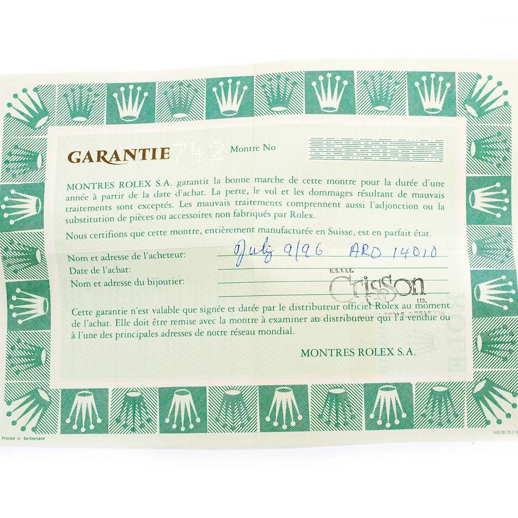 The image shows a warranty certificate for a Rolex Air-King 14010 Men's Stainless Steel Blue Dial 14010 Men's Stainless Steel Blue Dial watch model, featuring green Rolex crown logos around the border.